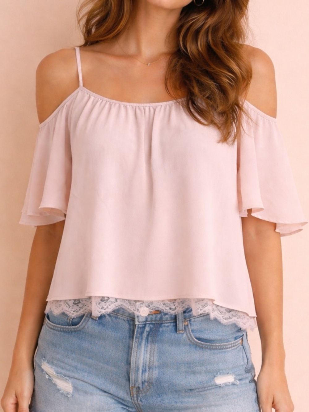 Forever 21  Powder Pink‎ Cold Shoulder Scoop Neck Lacy Light Weight Blouse (S)